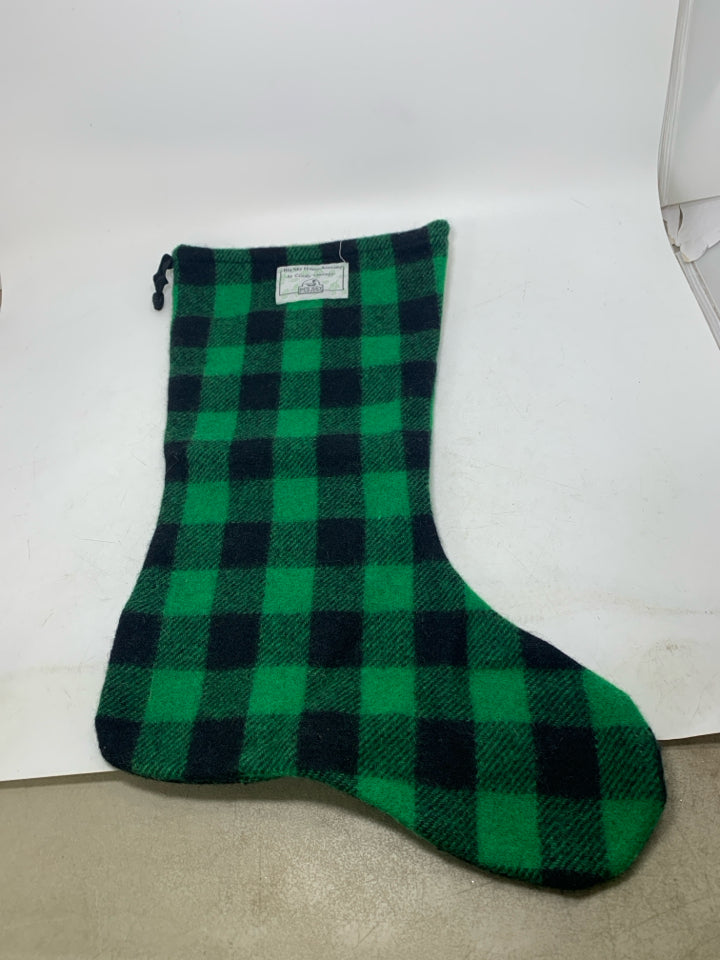 VTG WOOL GREEN PLAID STOCKING W/ STANDING MOOSE .