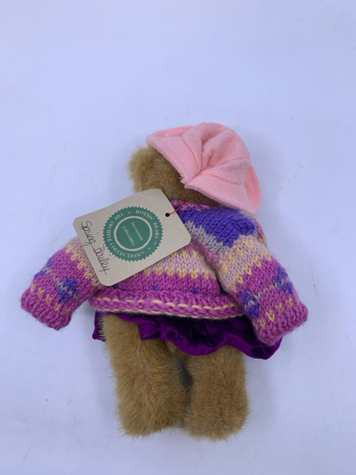 SMALL LIGHT BROWN BEAR W/ DARK PURPLE DRESS & STRIPED SWEATER BOYDS BEAR.