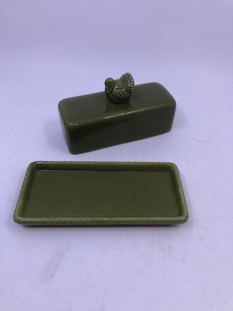 GREEN TURKEY BUTTER DISH.