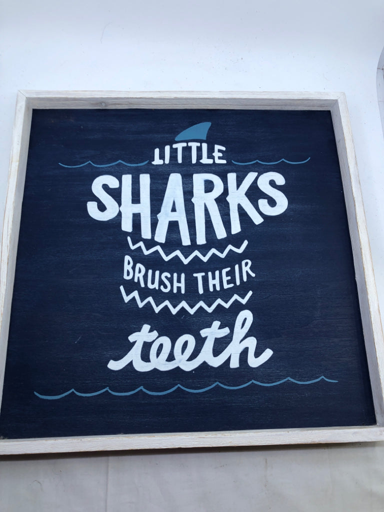 LITTLE SHARKS BRUSH THEIR TEETH WALL ART.