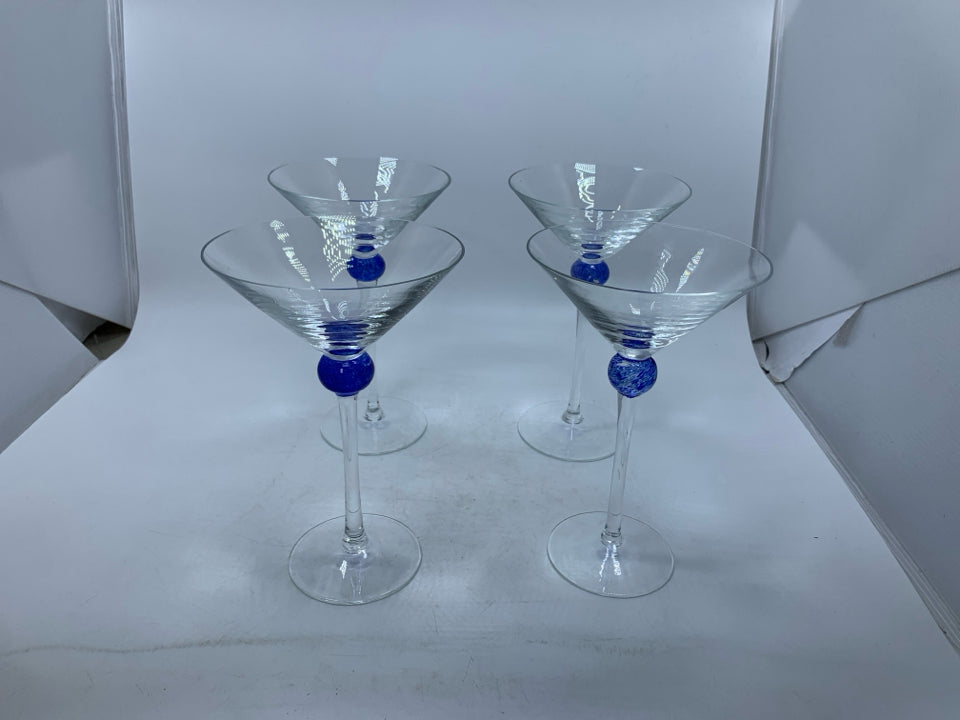 4 MARTINI GLASSES W/ BLOWN GLASS BLUE BALL.