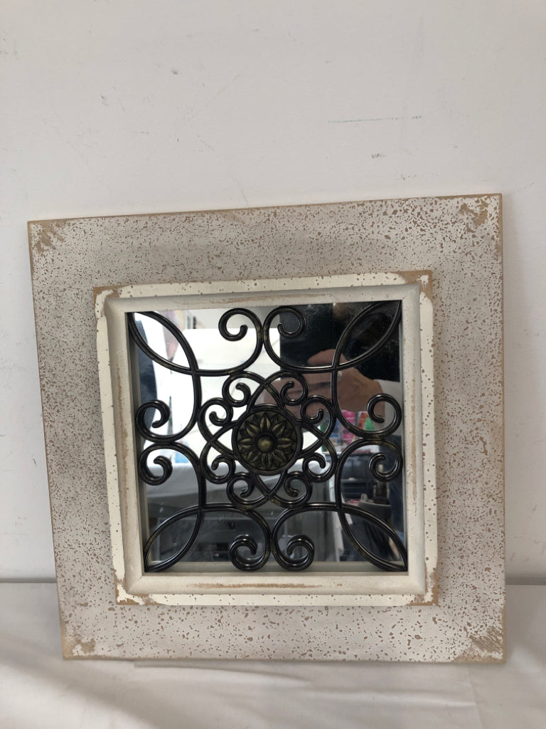 WHITE DISTRESSED BACKING MIRROR W SCROLL WALL HANGING.