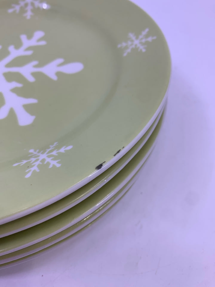 6 LIGHT GREEN SNOWFLAKE DESSERT PLATES.