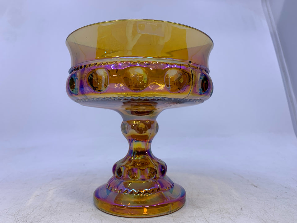 VTG CARNIVAL GLASS FOOTED CANDY DISH.