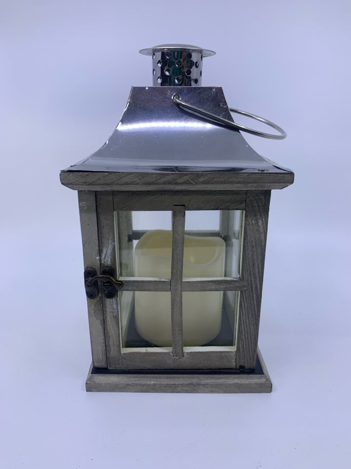 RUSTIC LANTERN W/ METAL TOP BATTERY POWERED CANDLE.