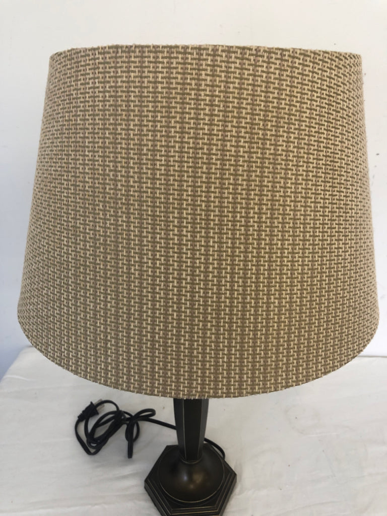 BRONZE BASE LAMP W TAN SHADE.