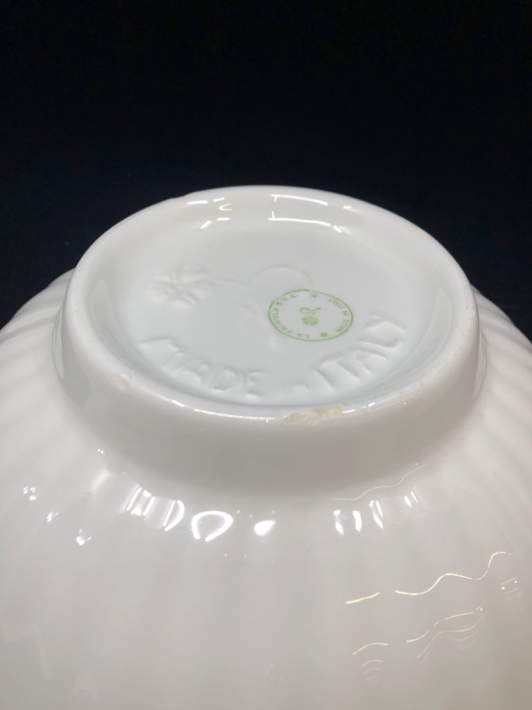 WHITE BOWL W/ BLUE & ORANGE STRIPES.