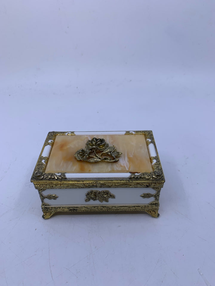 VTG METAL FOOTED TRINKET BOX W/ STONE IN LAY EMBOSSED ROSES.