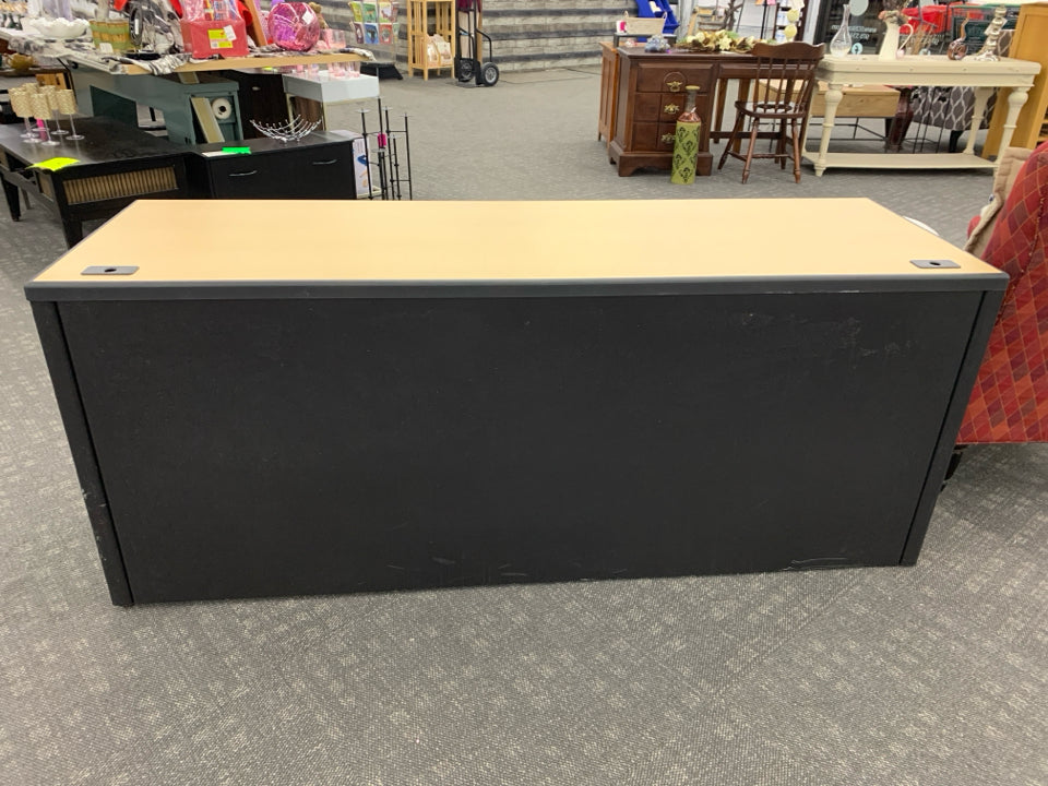 BLACK DESK W/ 2 FILING DRAWERS & WOODEN TOP.