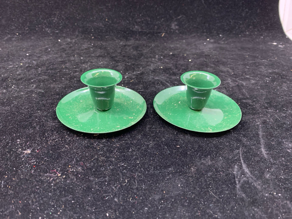 2 GREEN METAL TAPER CANDLE HOLDERS.