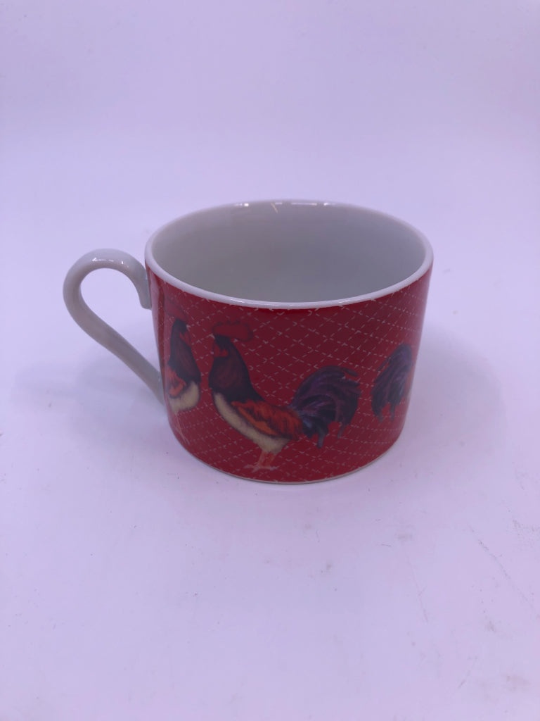 4 SHALLOW RED ROOSTER MUGS.