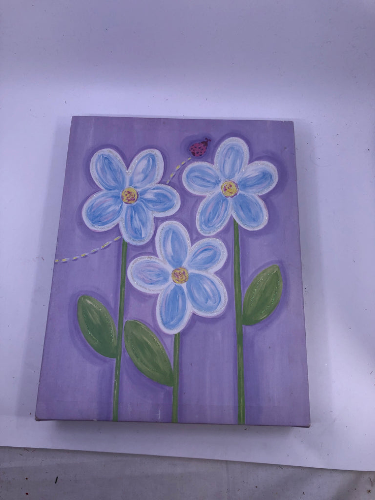 PURPLE CANVAS W/ BLUE FLOWERS.