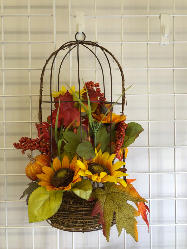HANGING BROWN WIRE BASKET WITH FALL LEAVES/SUNFLOWERS/PUMPKIN.