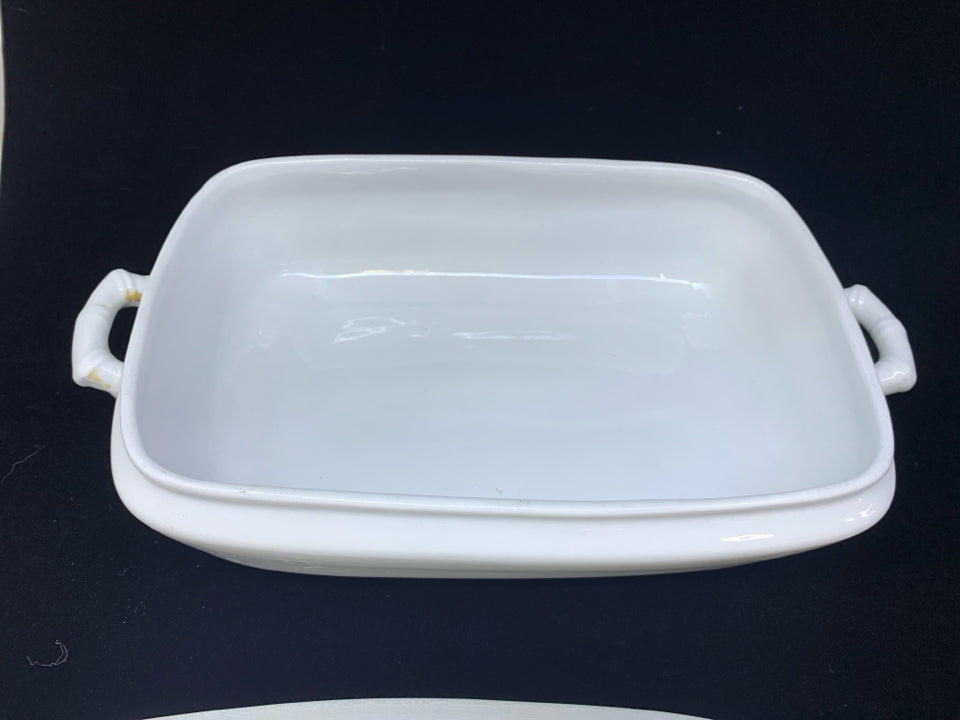SMALL WHITE CASSEROLE DISH W HANDLES AND LID- ROYAL IRONSTONE CHINA.