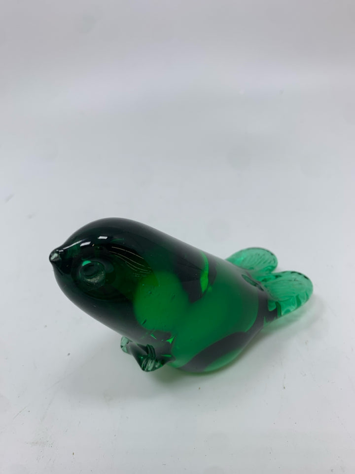 GREEN GLASS SEAL PAPERWEIGHT.
