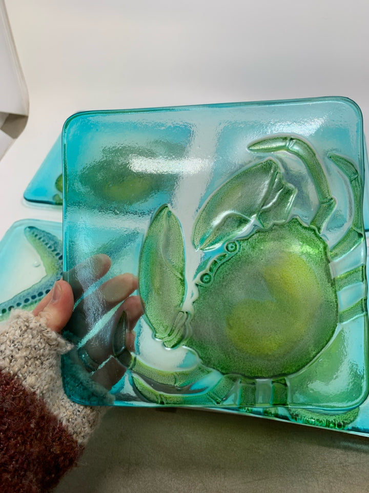 5 SQUARE GLASS PLATES W/ PRINTED CRABS/STARFISH.