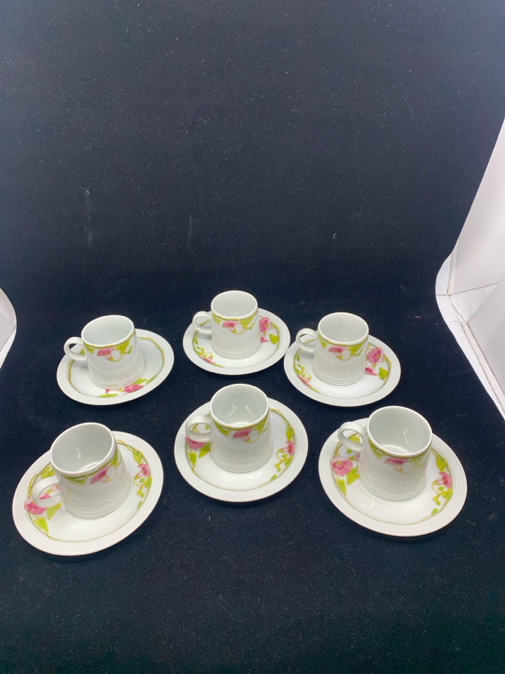 12 PC PINK FLORAL ESPRESSO DEMITASSE CUP SET - 6 CUPS, 6 SAUCERS.