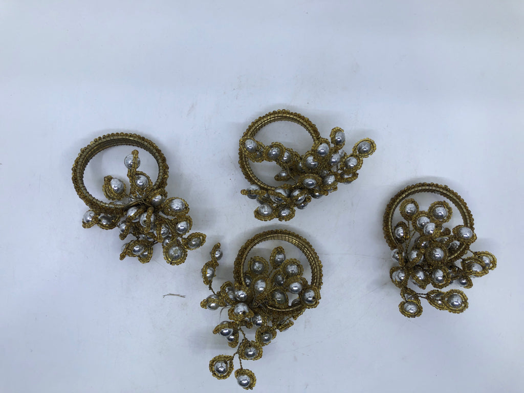 4 GOLD BEAD NAPKIN RINGS W/SILVER BALLS