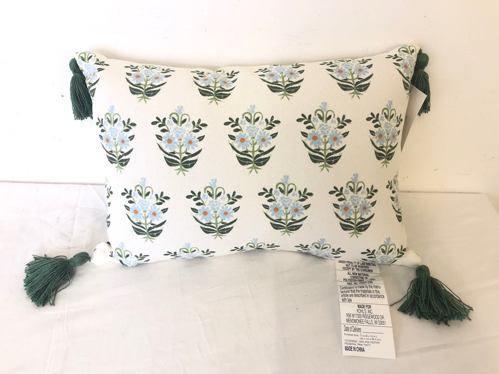 NEW OUTDOOR PILLOW- BLUE FLOWERS+GREENERY WHITE BACKGROUND GREEN TASSELS.