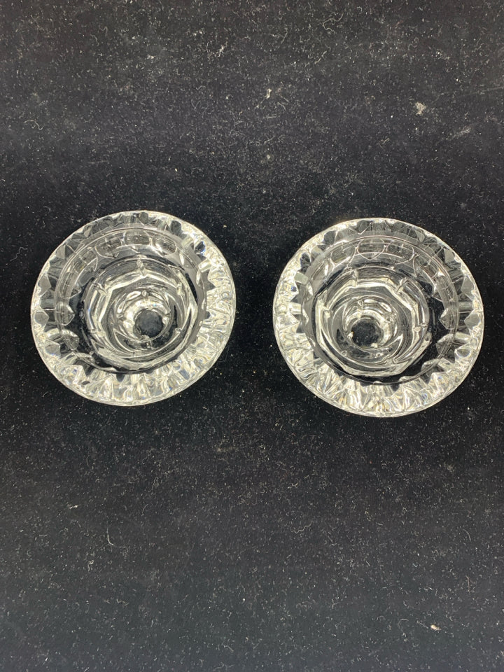 2 SHORT GLASS TAPERED CANDLE HOLDERS MADE IN FRANCE.