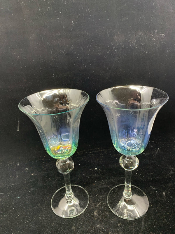 2 TALL FLARED IRIDESCENT WINE GLASSES.