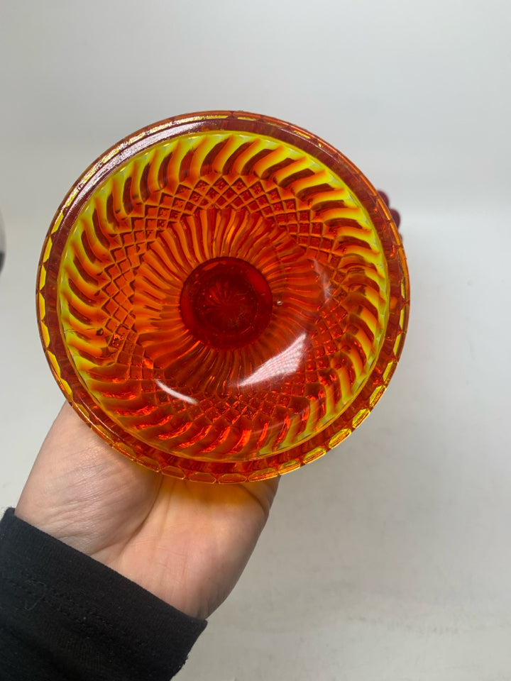VTG LONG STEM FOOTED AMBERINA COVERED CANDY DISH.