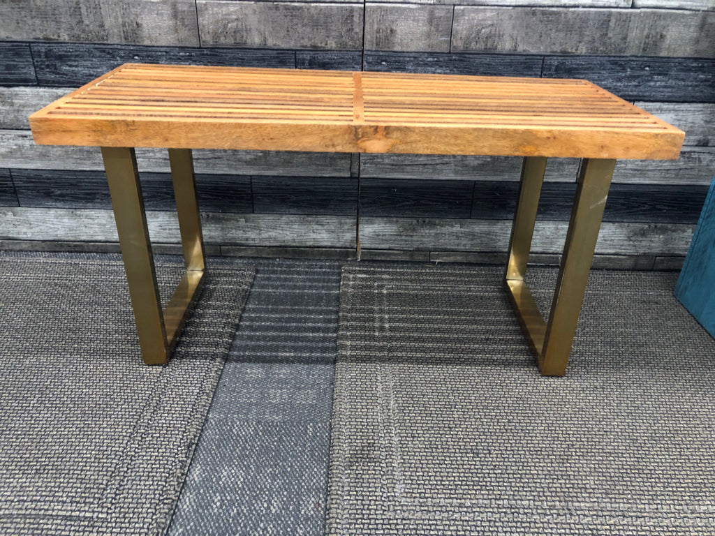 WOODEN BENCH W/BRASS BASE.