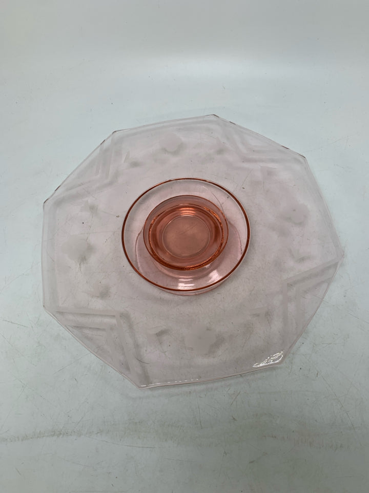 FOOTED PINK VTG GLASS W/ ETCHED FLOWERS.
