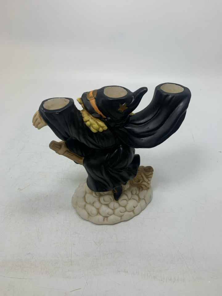 BLACK WITCH ON BROOM STICK 3 SLOT TAPERED CANDLE HOLDER.