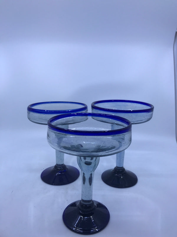 3 BLUE BLOWN GLASS MARGARITA GLASSES.