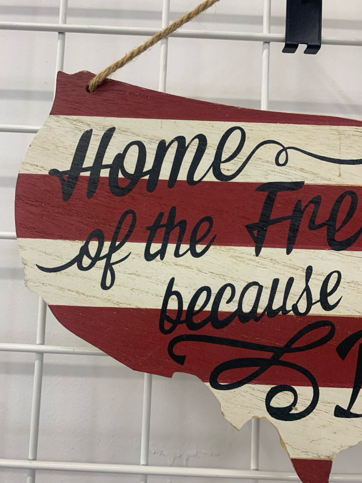 RED AND WHITE HOME OF THE FREE WALL DECOR.