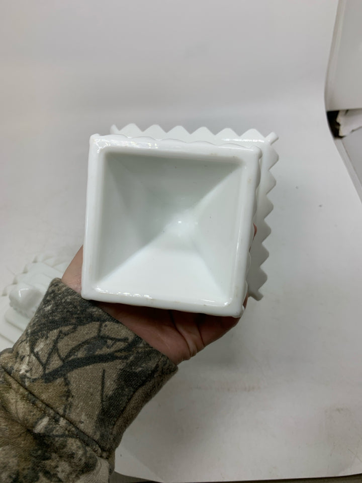 MILK GLASS PEDESTAL BOWL EMBOSSED DETAIL COVERED CANDY DISH.