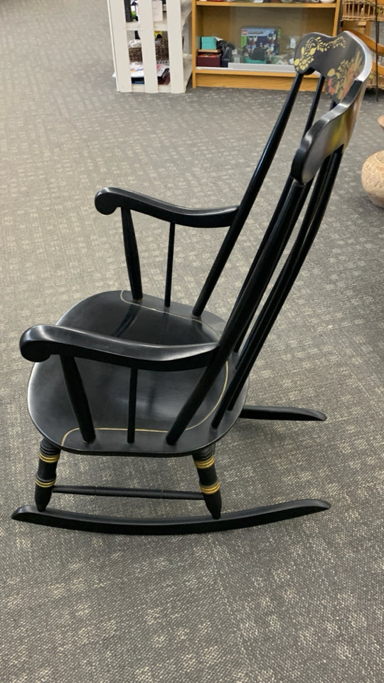 VTG BLACK ROCKING CHAIR W/PAINTED FRUITS.