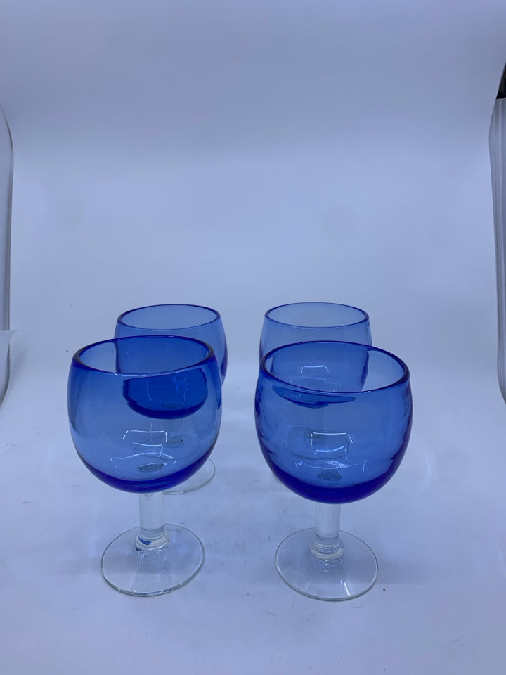 4 BLUE CLEAR STEM WINE GLASSES.