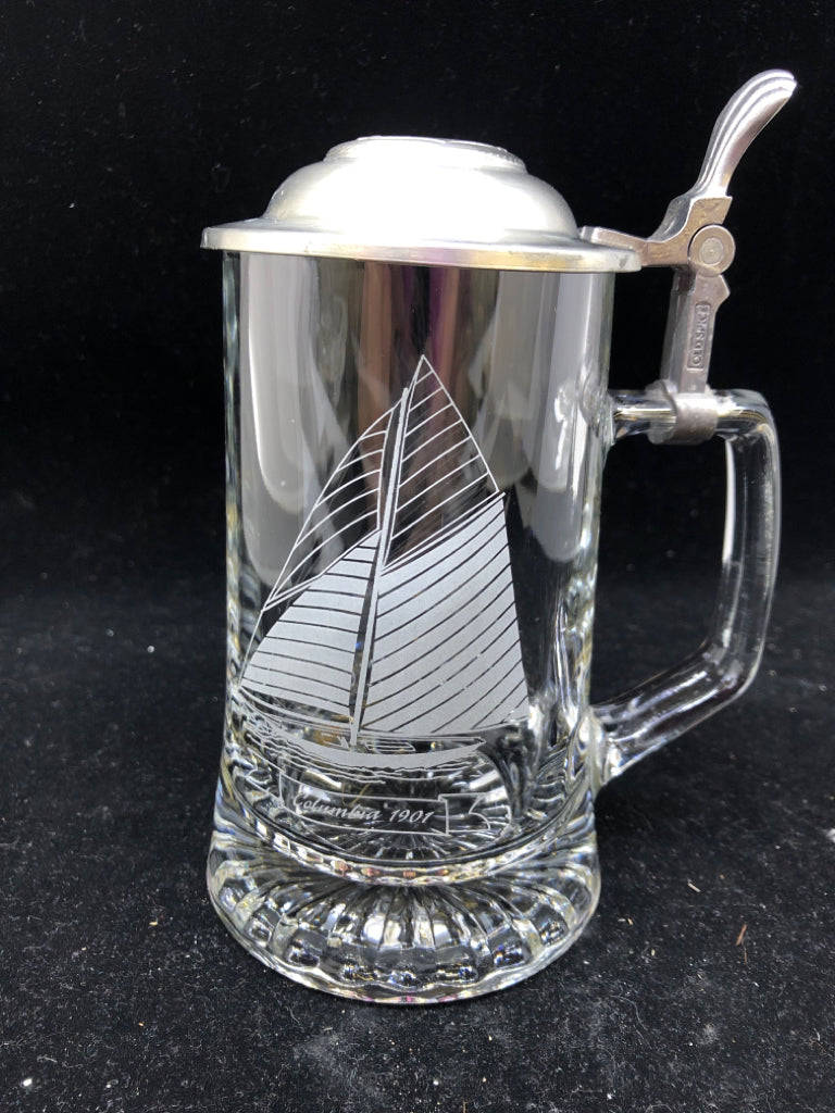 SAILBOAT ETCHED CLEAR STEIN GLASS.