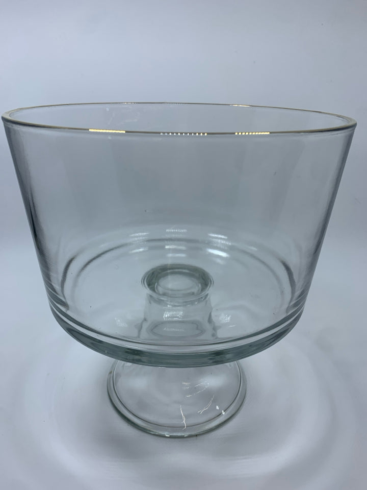 CLEAR GLASS TRIFLE BOWL W/GOLD RIM.