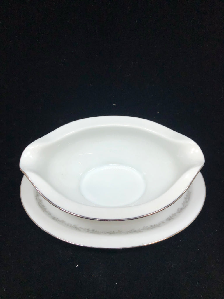 GRAVY BOAT W/ATTACHED DRIP DISH+SILVER RIM- CRESTMONT.