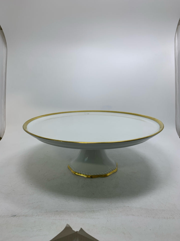 VTG WHITE CAKE STAND W/ GOLD EDGE 100TH ANNIVERSARY.