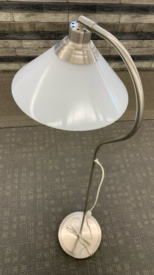 IKEA KROBY SILVER FLOOR LAMP W/WHITE GLASS SHADE.