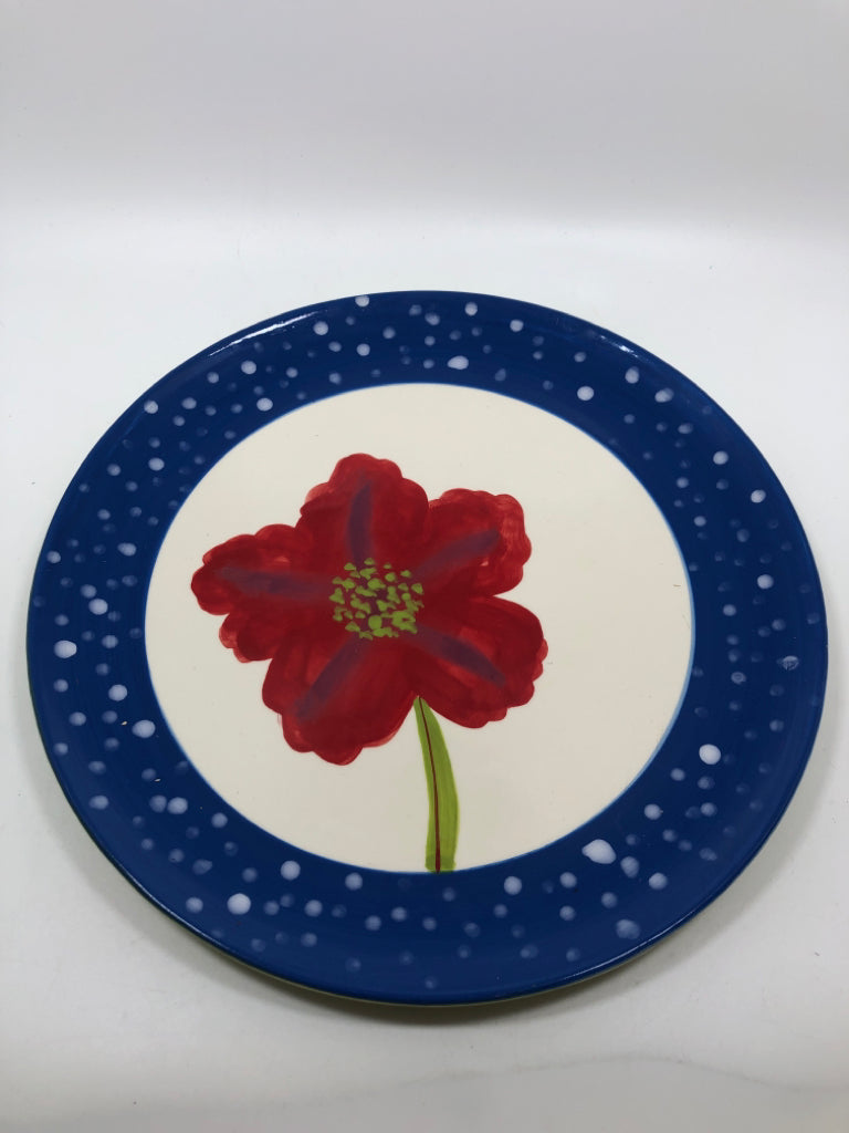 POPPY PAINTED SERVING PLATE W/BLUE BORDER.