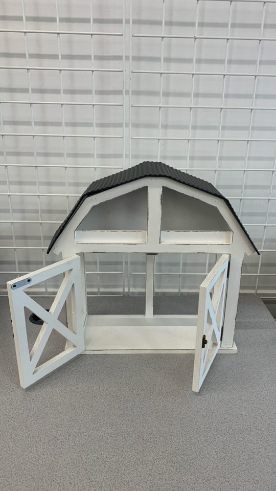 WHITE WOOD DECORATIVE BARN W/BLACK ROOF.
