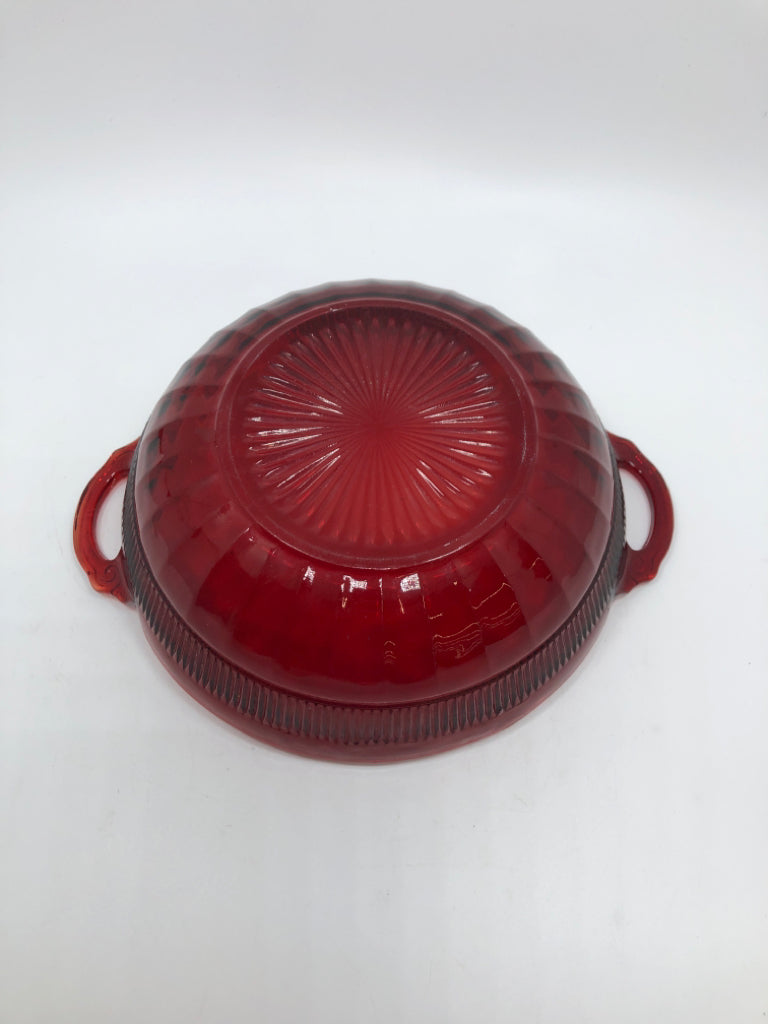 VTG RED GLASS BOWL W/HANDLES.