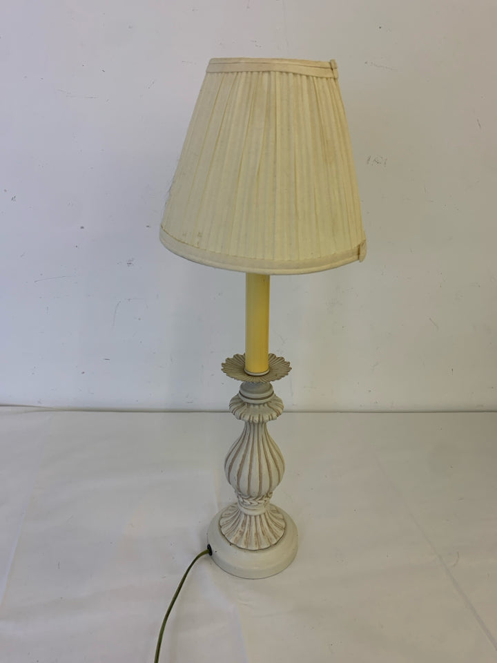 HEAVY WHITE WASHED DETAIL LAMP WITH MINI SHADE.