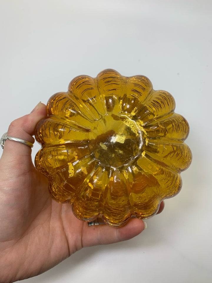 AMBER CRACKLE BLOWN GLASS PUMPKIN.