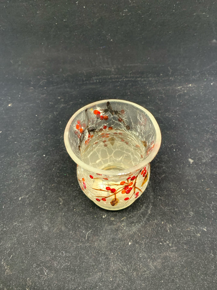 YANKEE CANDLE CRACKLE GLASS W RED BERRIES CANDLE HOLDER.