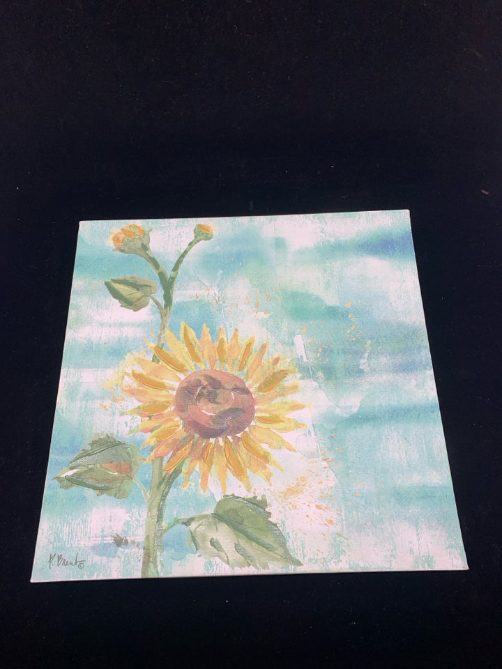 SUNFLOWER W BUDS TEAL BACKGROUND CANVAS WALL ART.