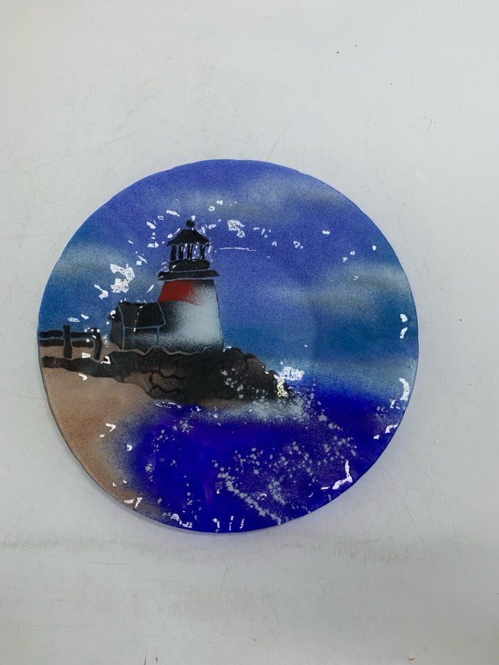 FUSED GLASS LIGHT HOUSE W/ WAVES CRASHING PLATE.