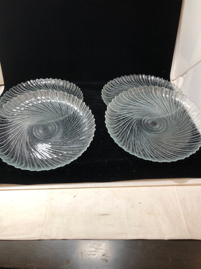 4 FROSTED SWIRL CLEAR GLASS DINNER PLATES.