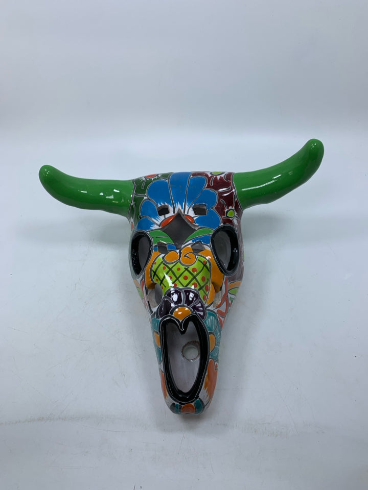 HEAVY COLORFUL TERRA COTTA COW SKULL MEXICAN FOLK ART.