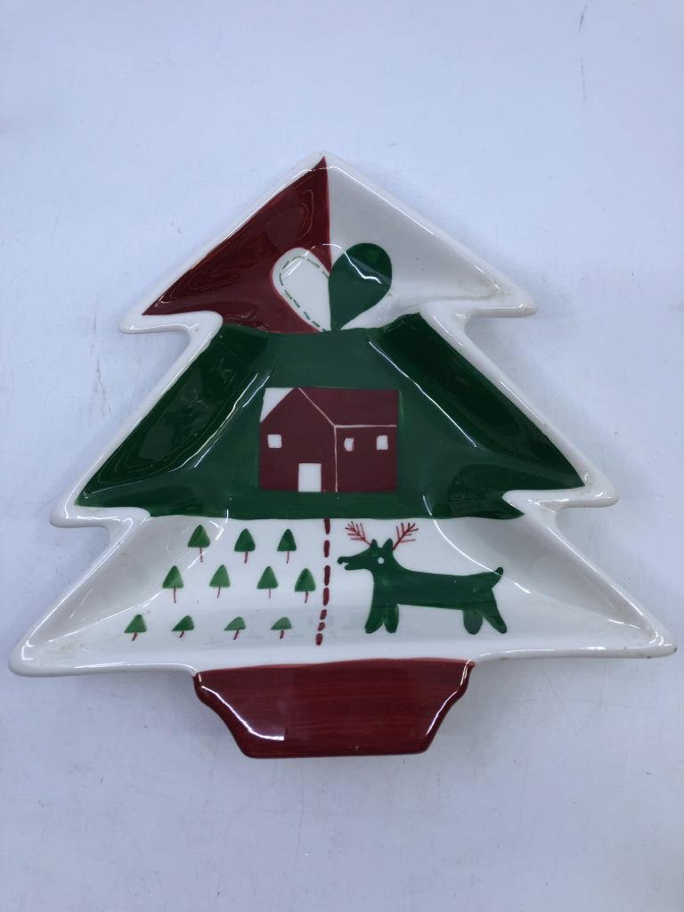 CHRISTMAS TREE SHAPED CERAMIC BOWL W/ REINDEER.